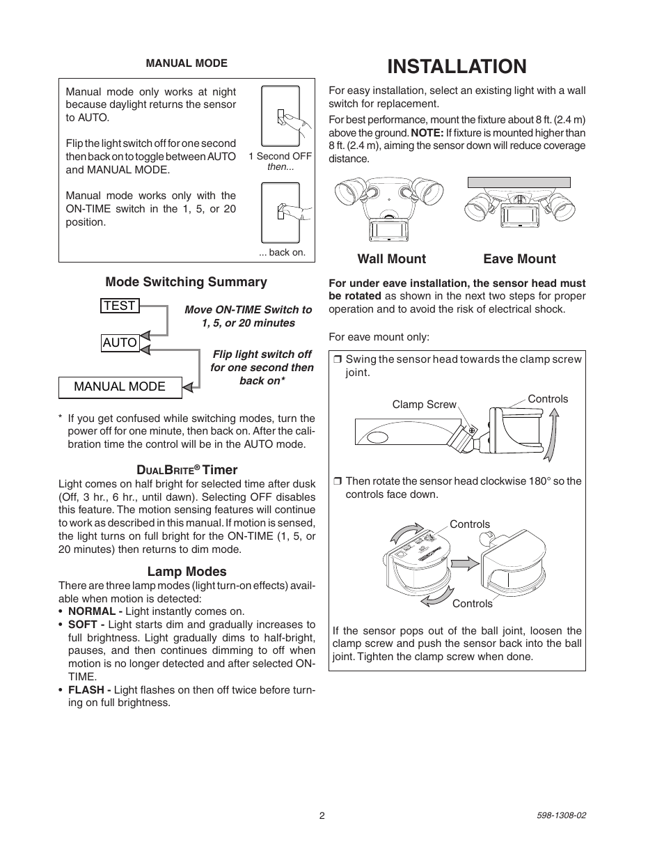 Installation, Wall mount eave mount, Mode switching summary | Timer, Lamp modes | Heath Zenith 5718 User Manual | Page 2 / 20