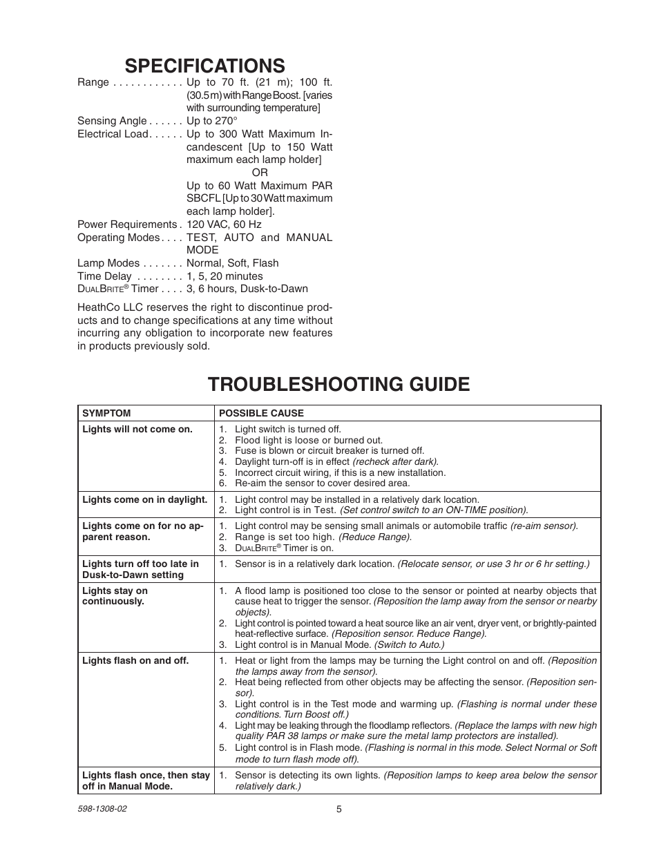 Specifications, Troubleshooting guide | Heath Zenith 5718 User Manual | Page 5 / 20