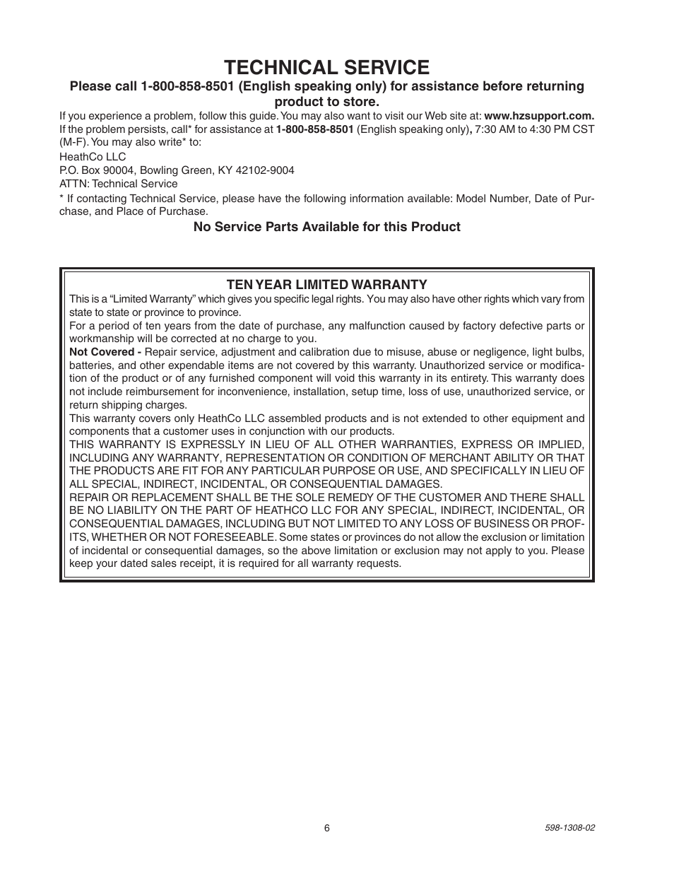 Technical service | Heath Zenith 5718 User Manual | Page 6 / 20