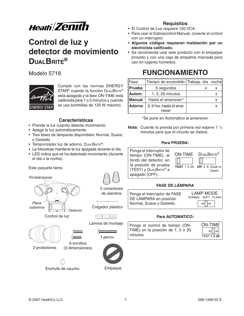 Control de luz y detector de movimiento d, Funcionamiento, Rite | Modelo 5718 | Heath Zenith 5718 User Manual | Page 7 / 20