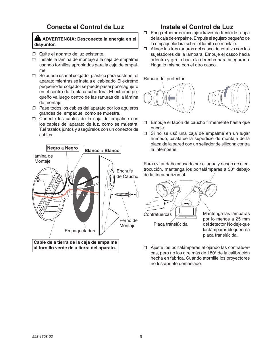 Conecte el control de luz, Instale el control de luz | Heath Zenith 5718 User Manual | Page 9 / 20