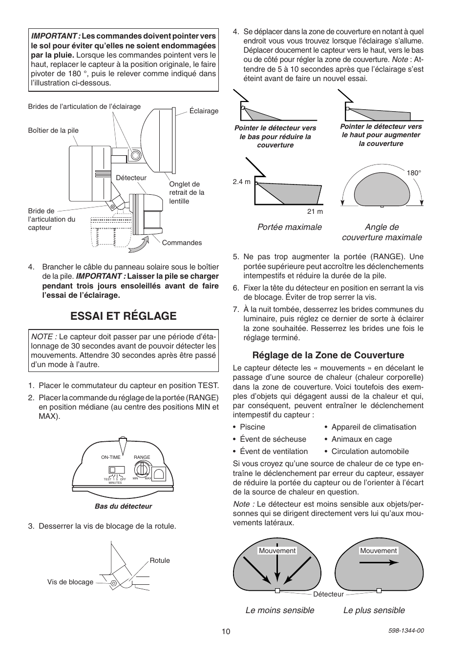 Essai et réglage, Réglage de la zone de couverture | Heath Zenith Motion Sensor Light 7101 User Manual | Page 10 / 12