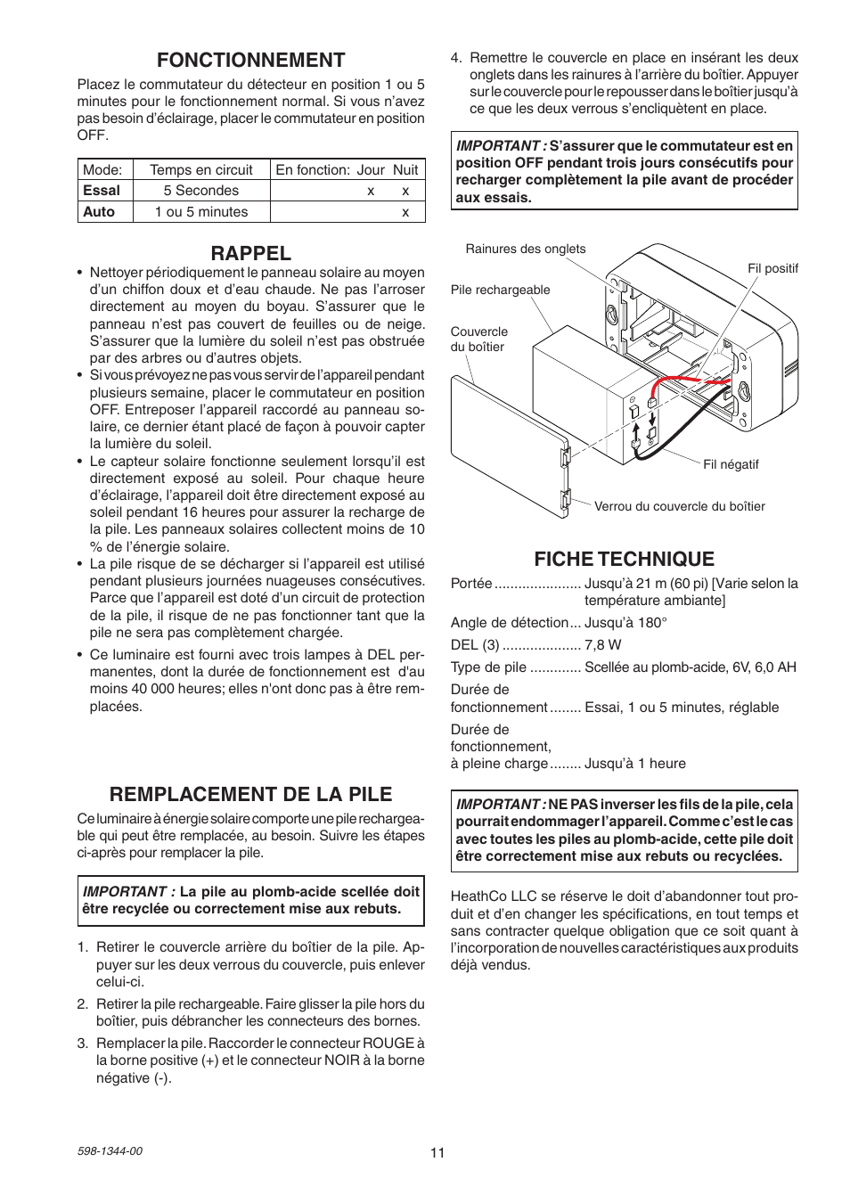 Fonctionnement, Rappel, Fiche technique | Remplacement de la pile | Heath Zenith Motion Sensor Light 7101 User Manual | Page 11 / 12