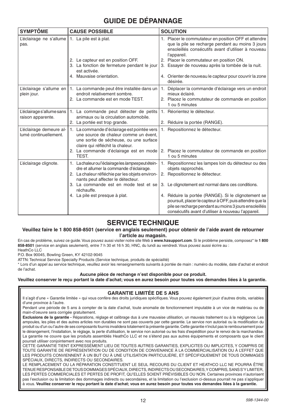 Service technique, Guide de dépannage | Heath Zenith Motion Sensor Light 7101 User Manual | Page 12 / 12