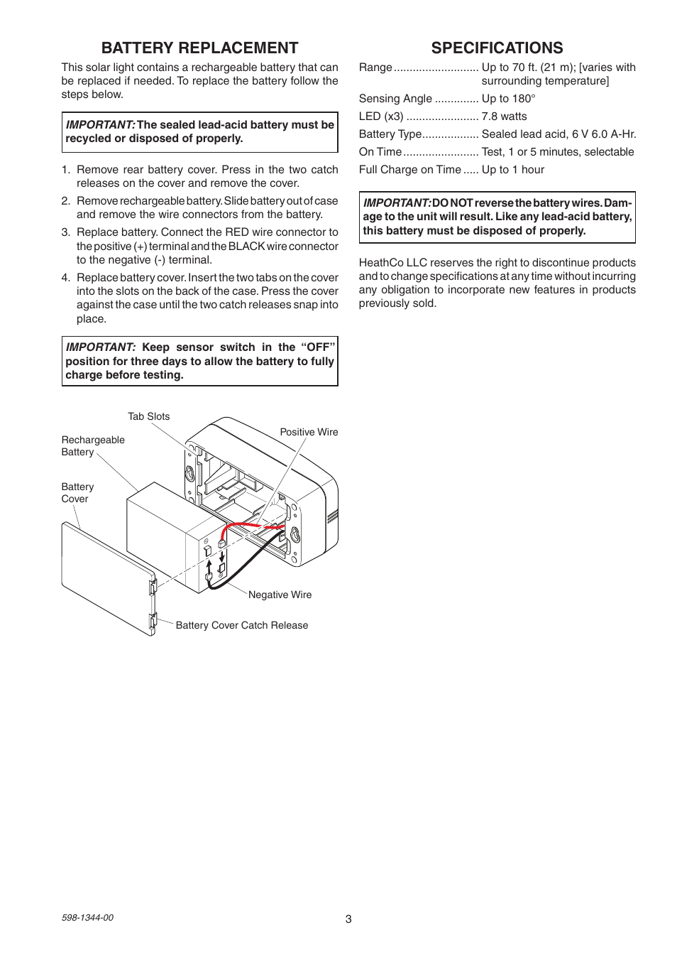 Specifications, Battery replacement | Heath Zenith Motion Sensor Light 7101 User Manual | Page 3 / 12
