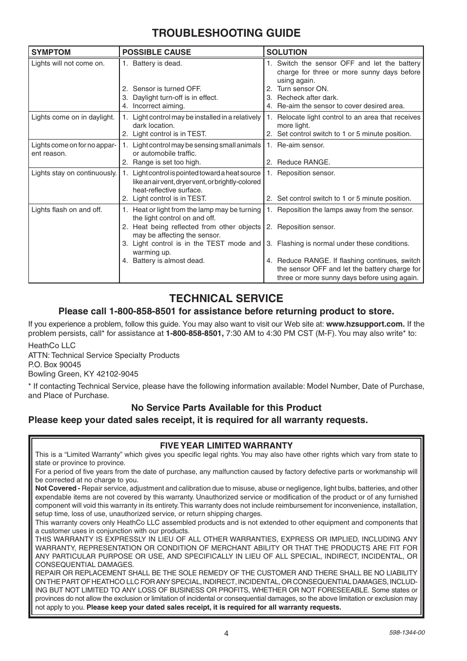 Technical service, Troubleshooting guide | Heath Zenith Motion Sensor Light 7101 User Manual | Page 4 / 12