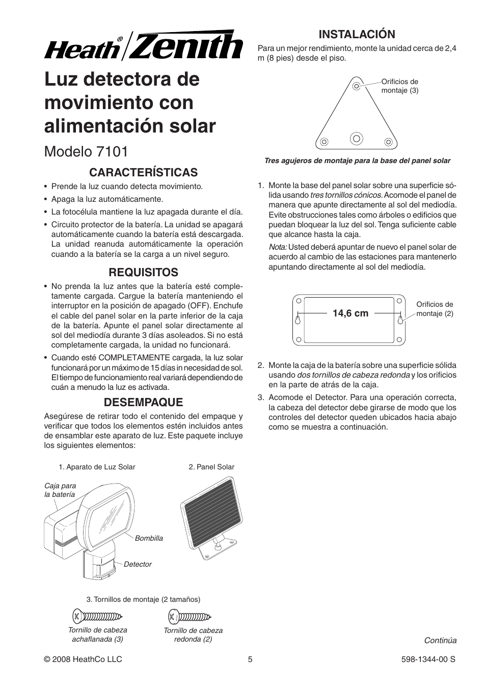 Luz detectora de movimiento con alimentación solar, Modelo 7101, Desempaque | Instalación, Características, Requisitos | Heath Zenith Motion Sensor Light 7101 User Manual | Page 5 / 12