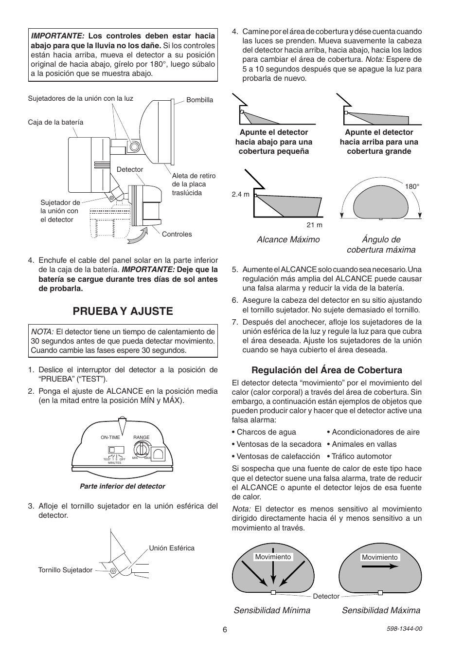 Prueba y ajuste, Regulación del área de cobertura | Heath Zenith Motion Sensor Light 7101 User Manual | Page 6 / 12