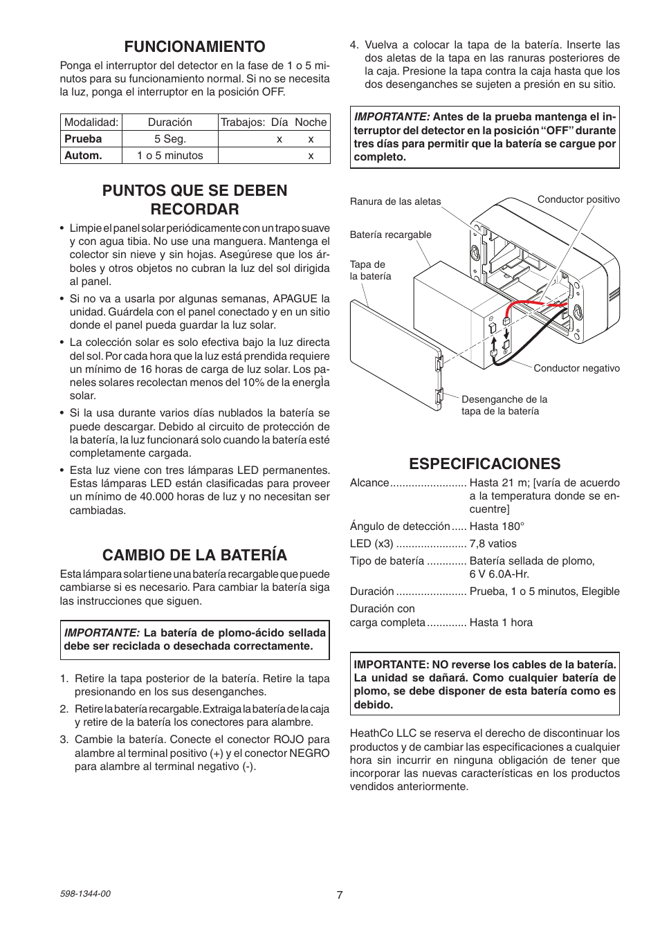 Funcionamiento, Cambio de la batería, Puntos que se deben recordar | Especificaciones | Heath Zenith Motion Sensor Light 7101 User Manual | Page 7 / 12