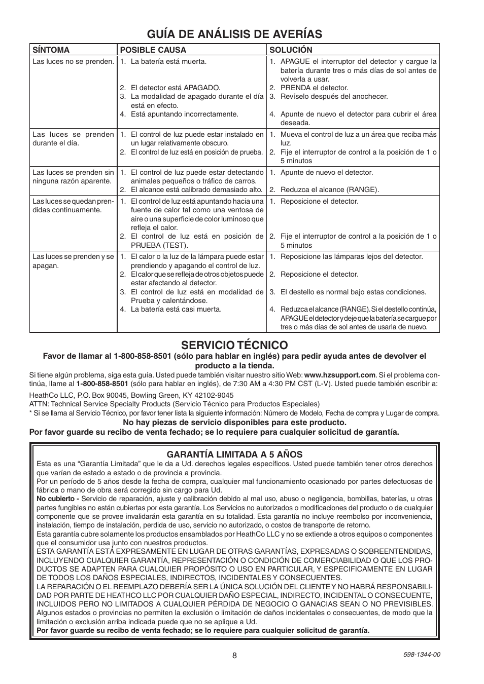 Guía de análisis de averías, Servicio técnico | Heath Zenith Motion Sensor Light 7101 User Manual | Page 8 / 12