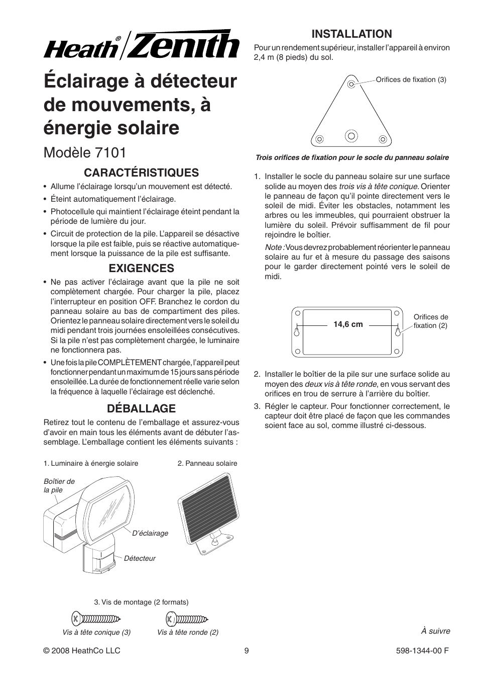 Modèle 7101, Déballage, Installation | Caractéristiques, Exigences | Heath Zenith Motion Sensor Light 7101 User Manual | Page 9 / 12