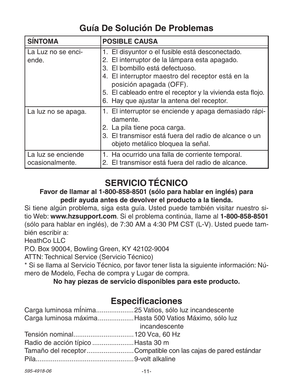 Guía de solución de problemas, Especificaciones, Servicio técnico | Heath Zenith 6133 User Manual | Page 11 / 20