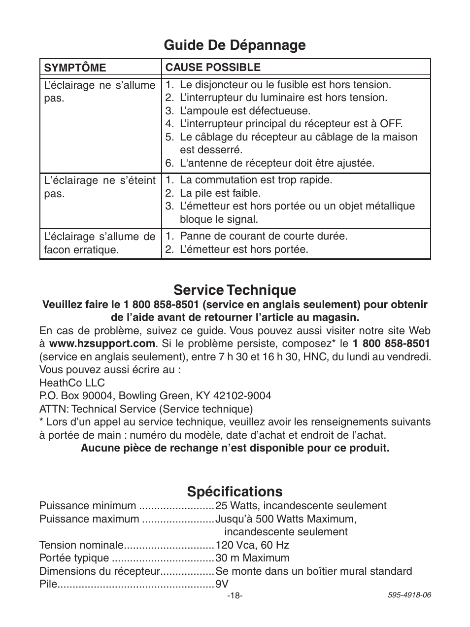 Guide de dépannage spécifications, Service technique | Heath Zenith 6133 User Manual | Page 18 / 20