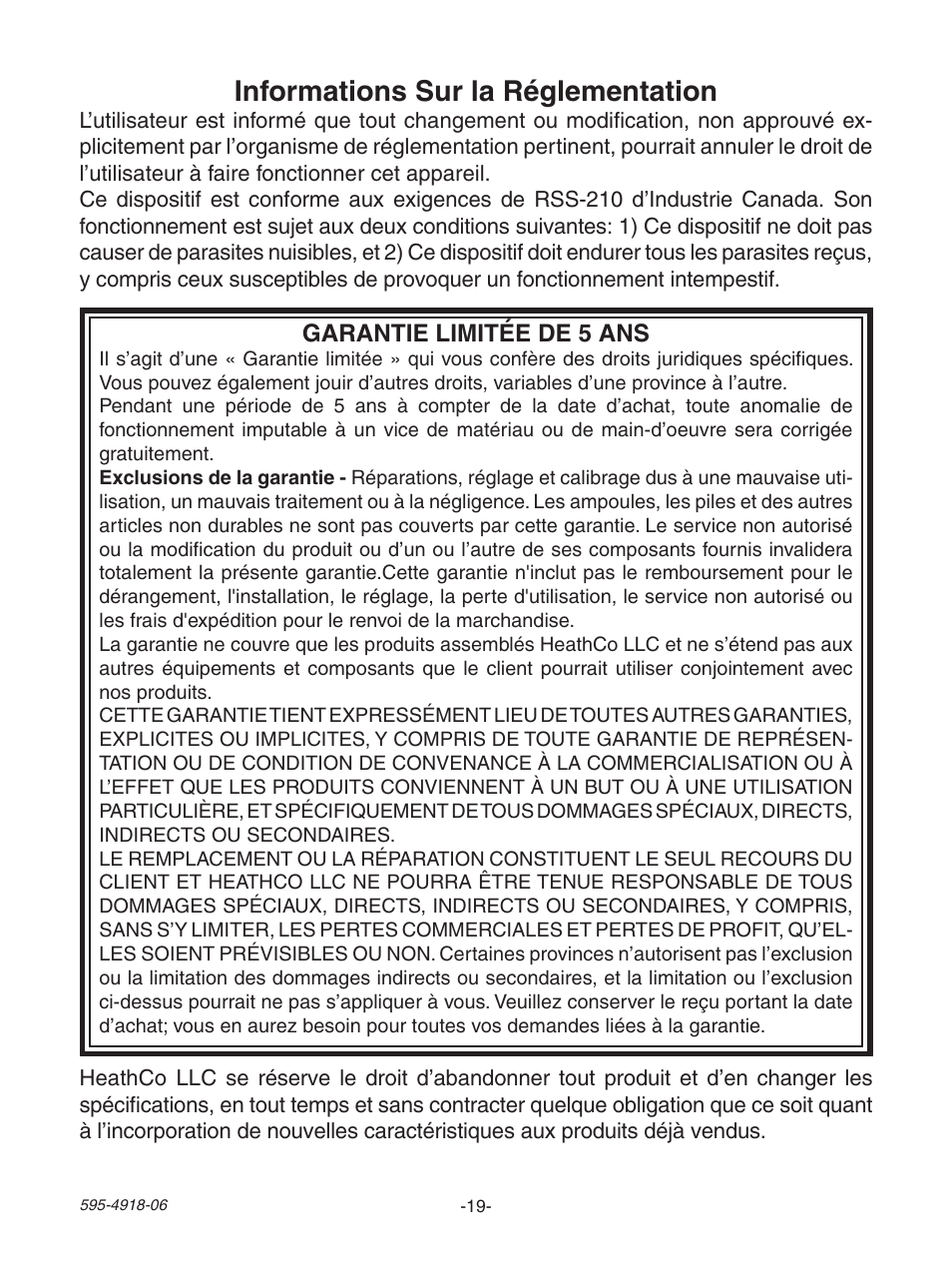 Informations sur la réglementation | Heath Zenith 6133 User Manual | Page 19 / 20