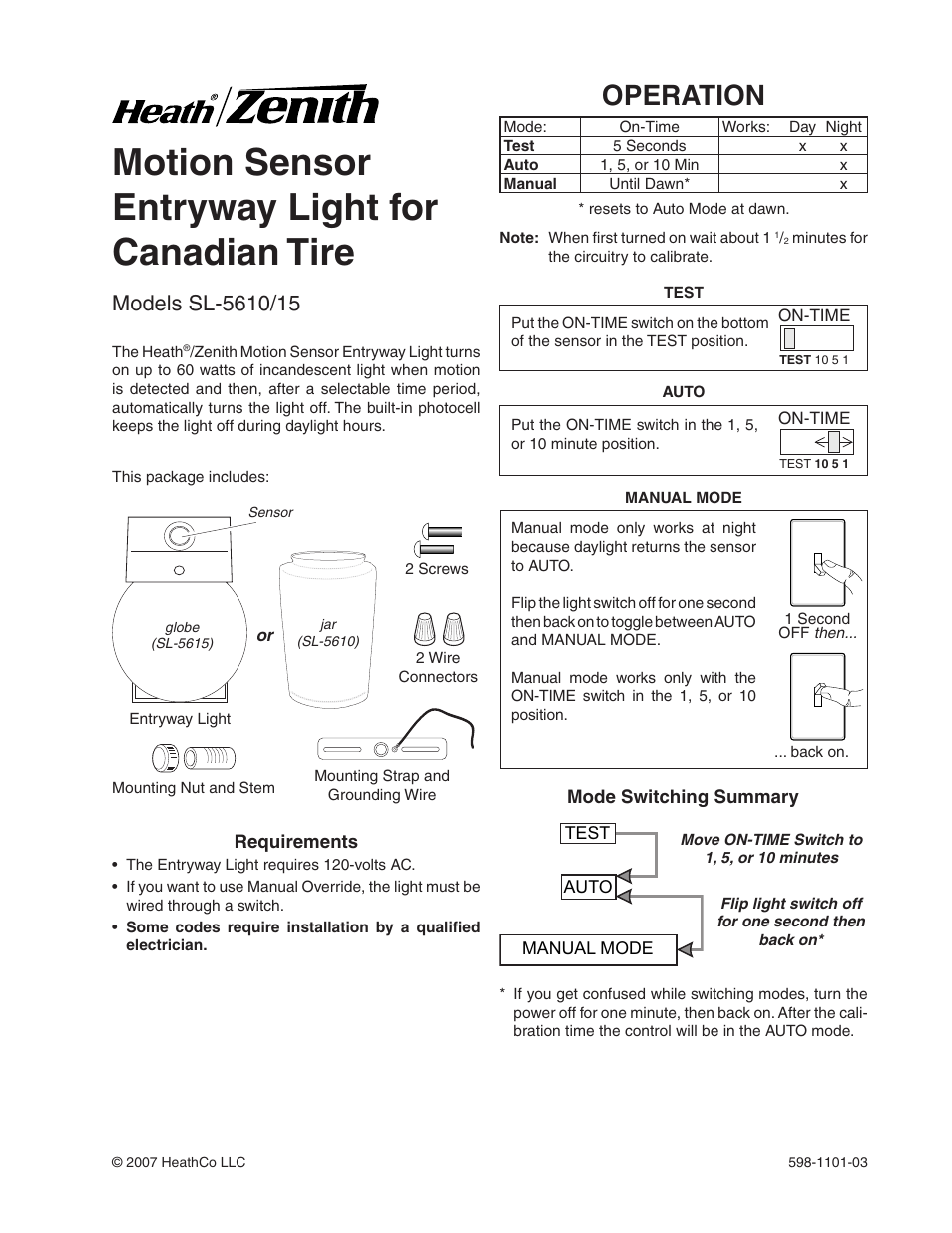 Heath Zenith Motion Sensor Entryway Light SL-5610/15 User Manual | 12 pages