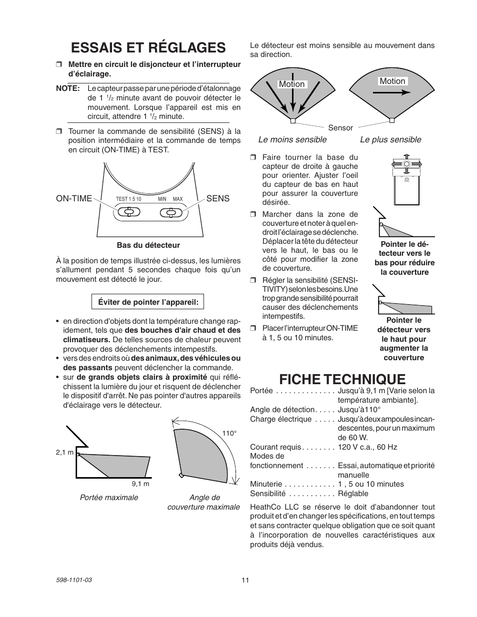 Fiche technique, Essais et réglages | Heath Zenith Motion Sensor Entryway Light SL-5610/15 User Manual | Page 11 / 12