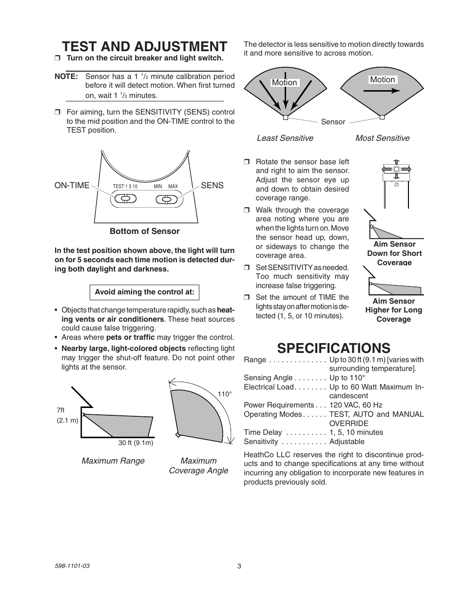 Test and adjustment, Specifications | Heath Zenith Motion Sensor Entryway Light SL-5610/15 User Manual | Page 3 / 12