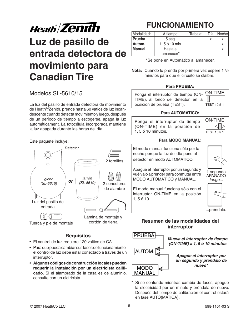 Funcionamiento, Prueba autom. modo manual | Heath Zenith Motion Sensor Entryway Light SL-5610/15 User Manual | Page 5 / 12