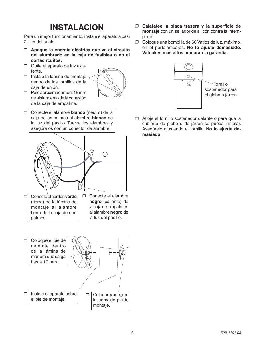 Instalacion | Heath Zenith Motion Sensor Entryway Light SL-5610/15 User Manual | Page 6 / 12