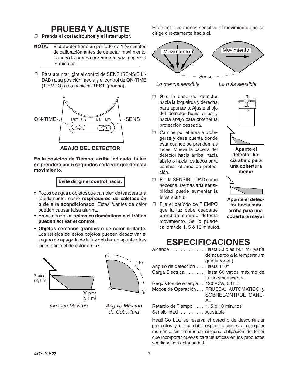 Prueba y ajuste, Especificaciones | Heath Zenith Motion Sensor Entryway Light SL-5610/15 User Manual | Page 7 / 12