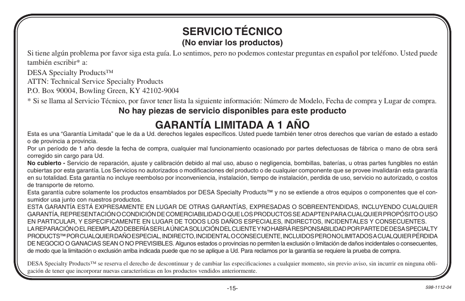 Garantía limitada a 1 año, Servicio técnico | Heath Zenith 598-1112-04 User Manual | Page 15 / 24
