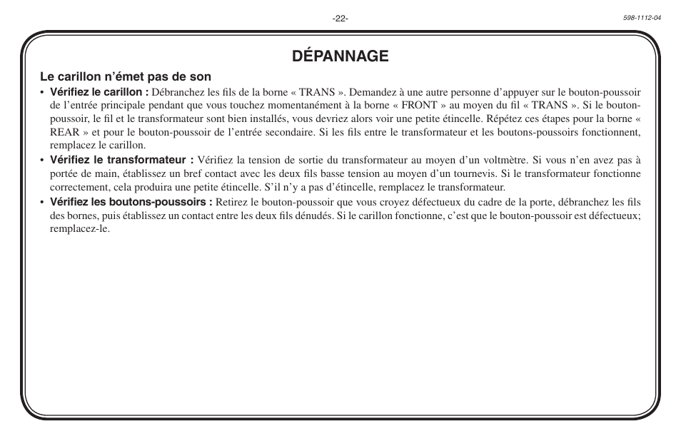Dépannage | Heath Zenith 598-1112-04 User Manual | Page 22 / 24