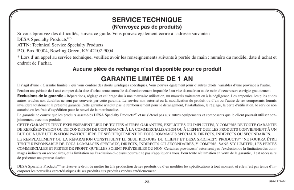 Garantie limitée de 1 an, Service technique, N'envoyez pas de produits) | Heath Zenith 598-1112-04 User Manual | Page 23 / 24