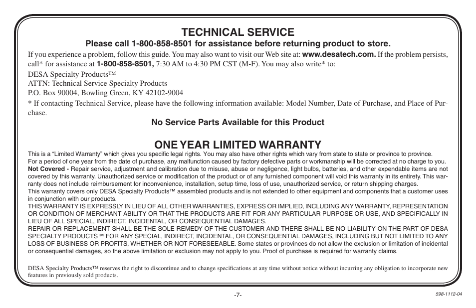 One year limited warranty, Technical service | Heath Zenith 598-1112-04 User Manual | Page 7 / 24