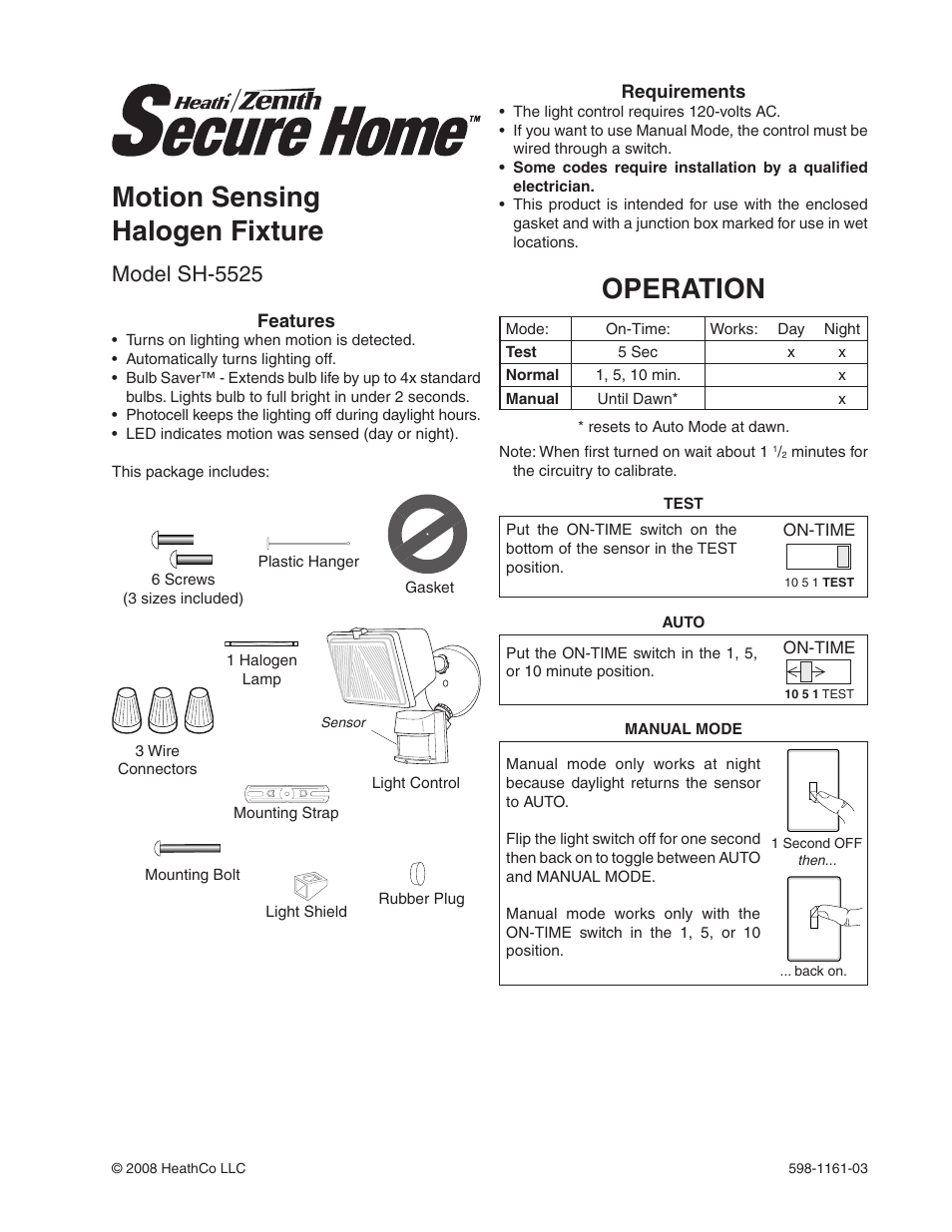 Heath Zenith Motion Sensing Halogen Fixture SH-5525 User Manual | 20 pages