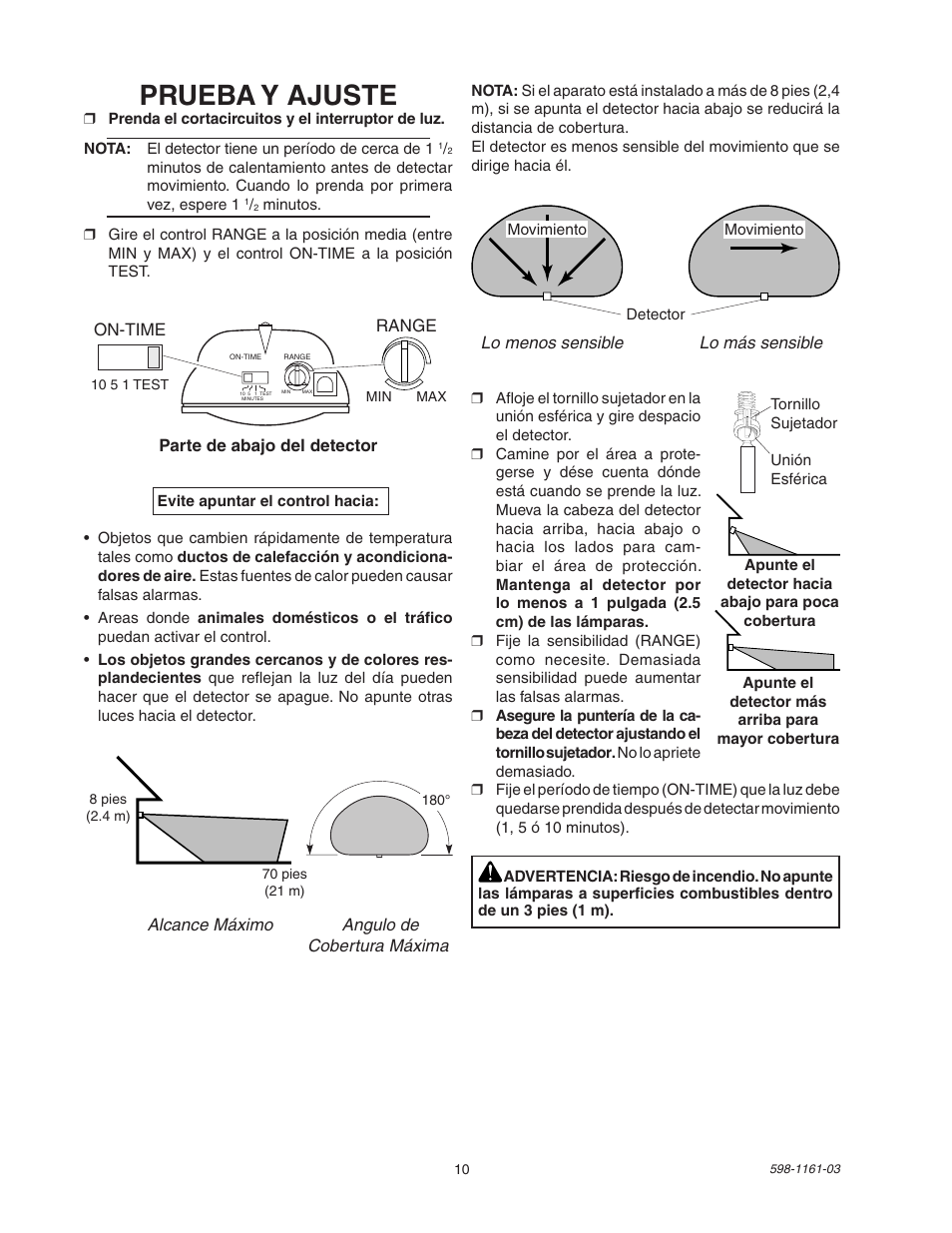 Prueba y ajuste | Heath Zenith Motion Sensing Halogen Fixture SH-5525 User Manual | Page 10 / 20