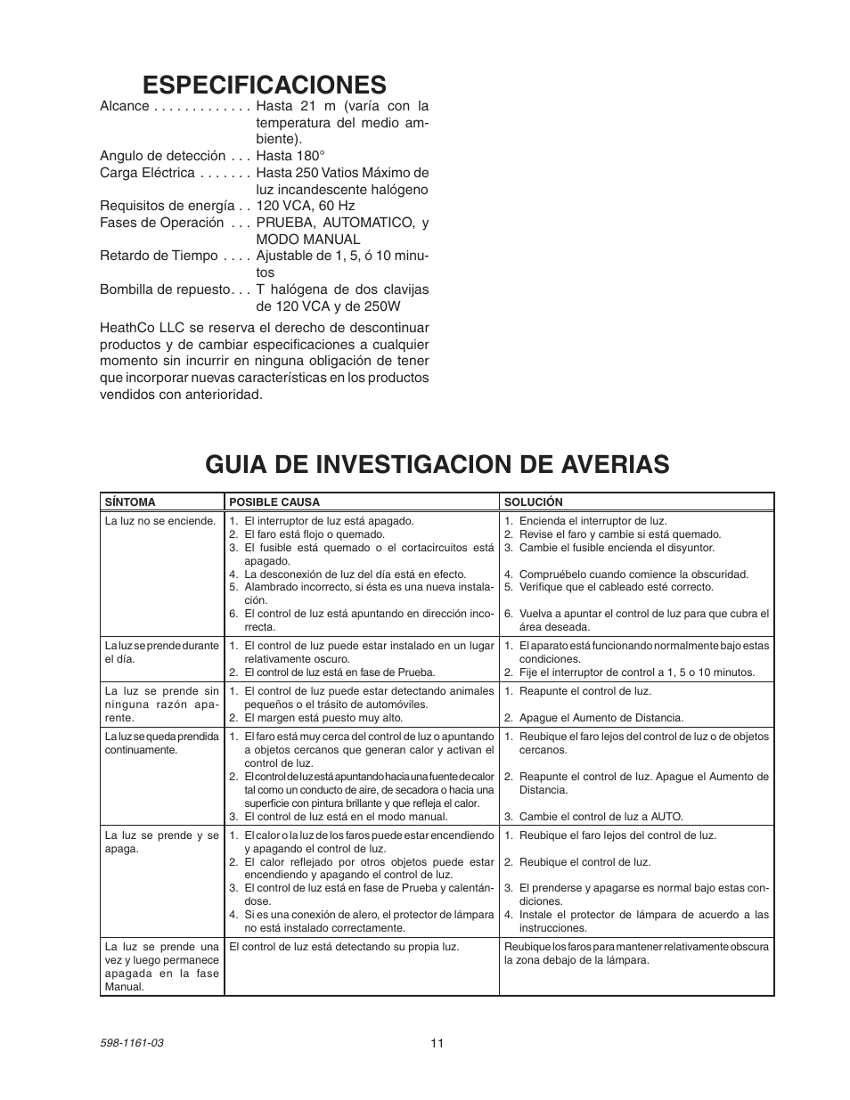 Guia de investigacion de averias especificaciones | Heath Zenith Motion Sensing Halogen Fixture SH-5525 User Manual | Page 11 / 20