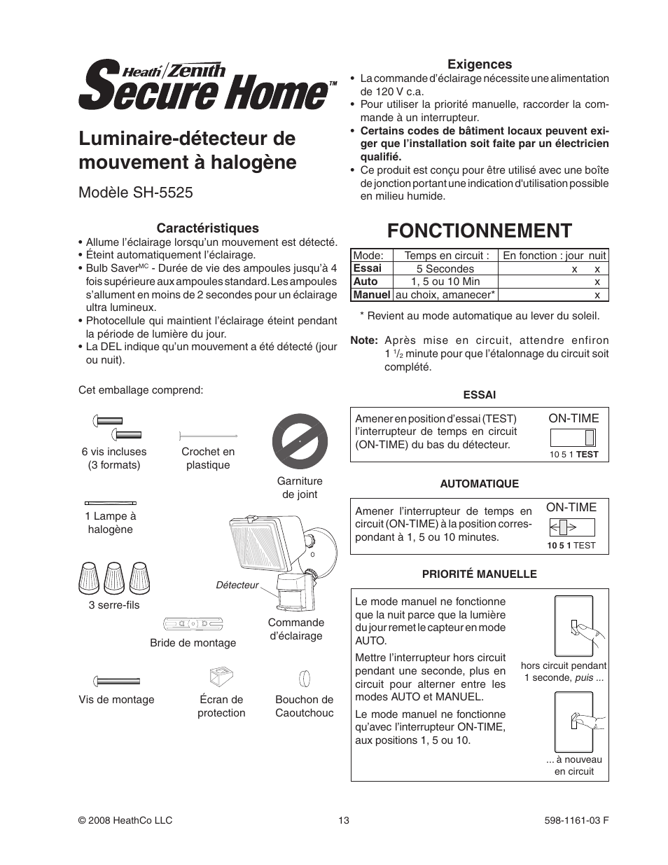 Luminaire-détecteur de mouvement à halogène, Fonctionnement, Modèle sh-5525 | Heath Zenith Motion Sensing Halogen Fixture SH-5525 User Manual | Page 13 / 20
