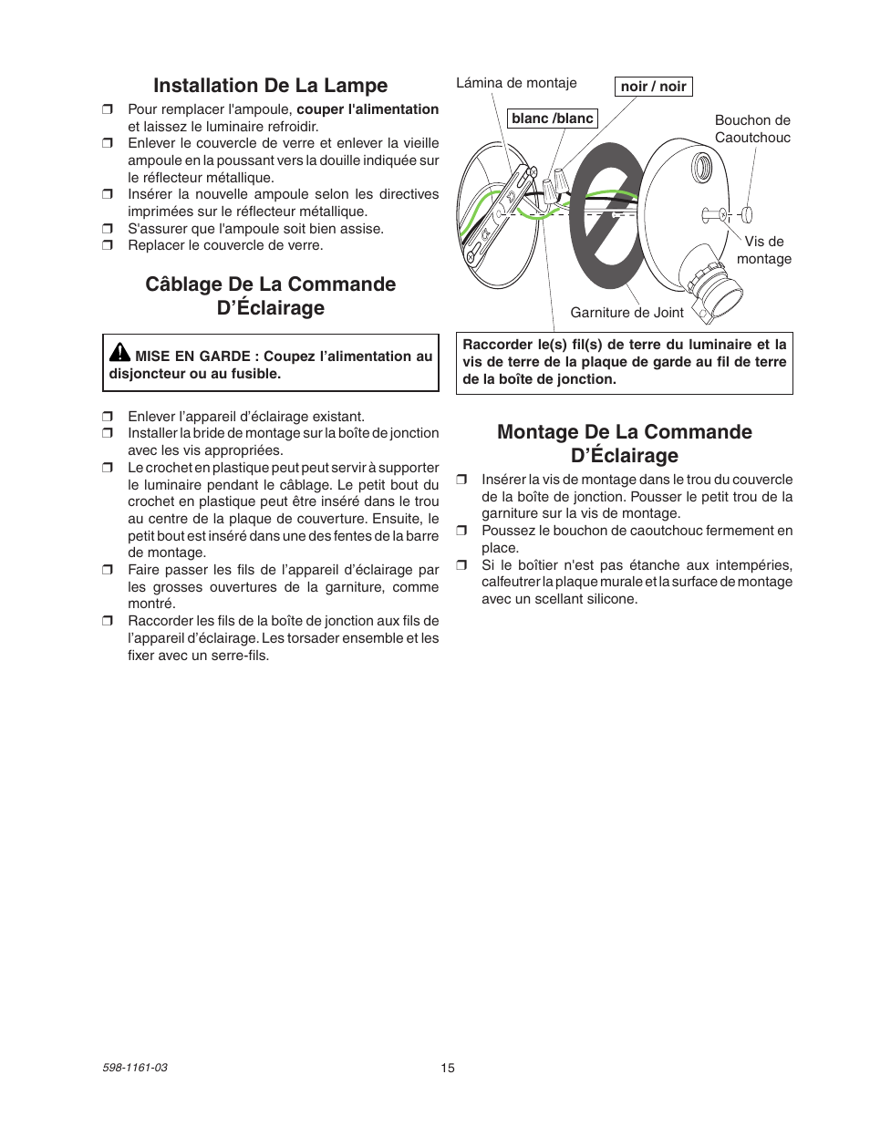 Installation de la lampe, Montage de la commande d’éclairage, Câblage de la commande d’éclairage | Heath Zenith Motion Sensing Halogen Fixture SH-5525 User Manual | Page 15 / 20