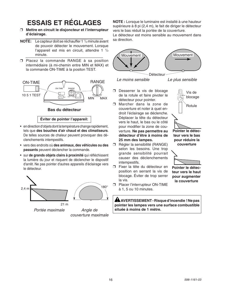 Essais et réglages | Heath Zenith Motion Sensing Halogen Fixture SH-5525 User Manual | Page 16 / 20