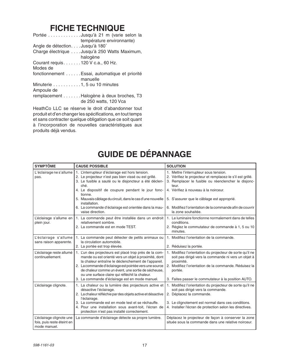 Fiche technique, Guide de dépannage | Heath Zenith Motion Sensing Halogen Fixture SH-5525 User Manual | Page 17 / 20