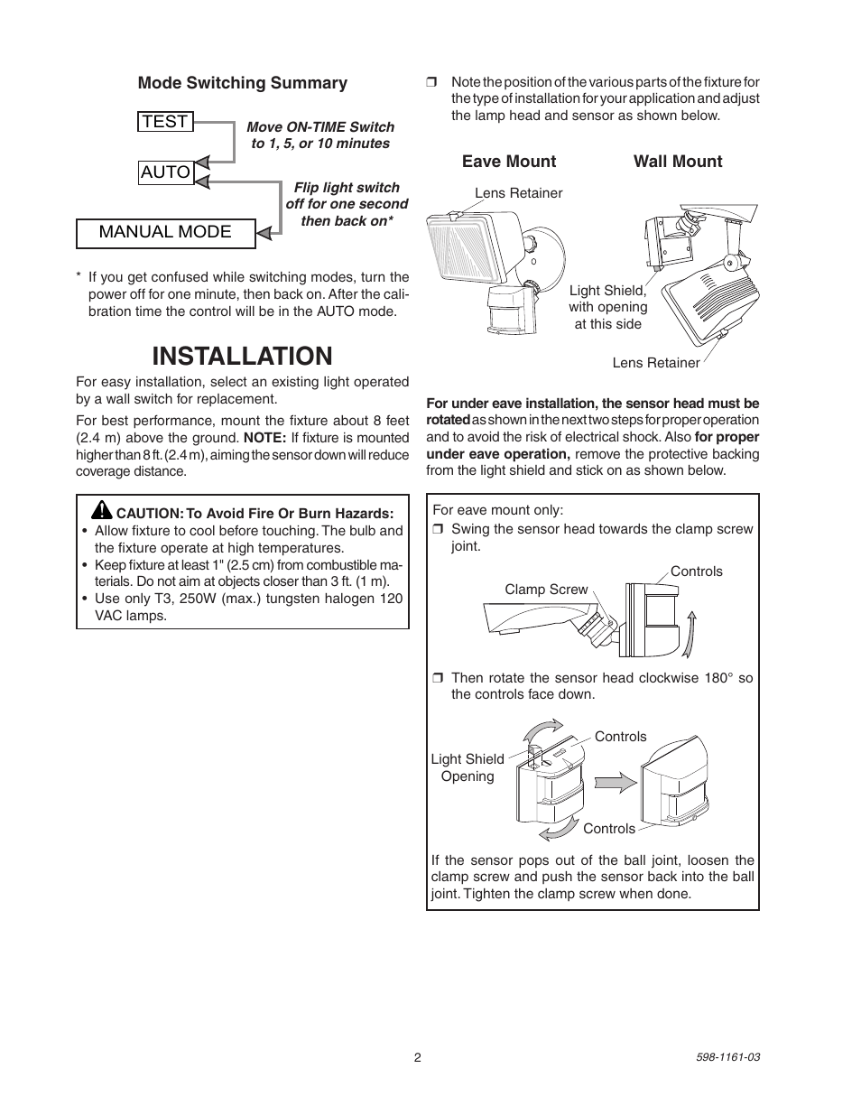 Installation | Heath Zenith Motion Sensing Halogen Fixture SH-5525 User Manual | Page 2 / 20