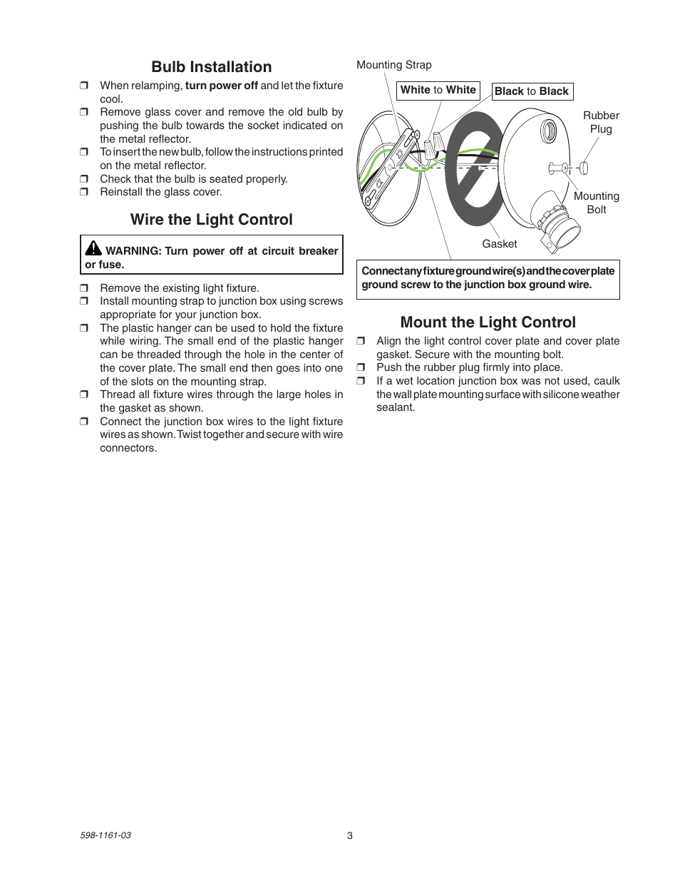 Bulb installation, Mount the light control, Wire the light control | Heath Zenith Motion Sensing Halogen Fixture SH-5525 User Manual | Page 3 / 20