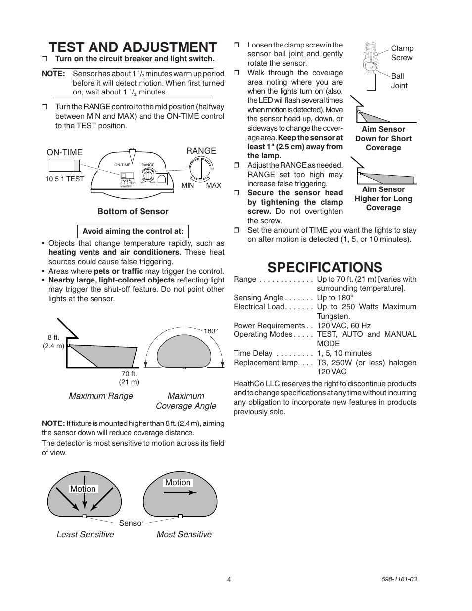 Test and adjustment, Specifications | Heath Zenith Motion Sensing Halogen Fixture SH-5525 User Manual | Page 4 / 20