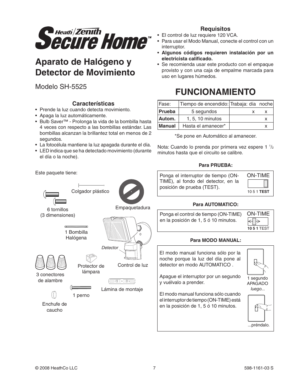 Aparato de halógeno y detector de movimiento, Funcionamiento, Modelo sh-5525 | Heath Zenith Motion Sensing Halogen Fixture SH-5525 User Manual | Page 7 / 20