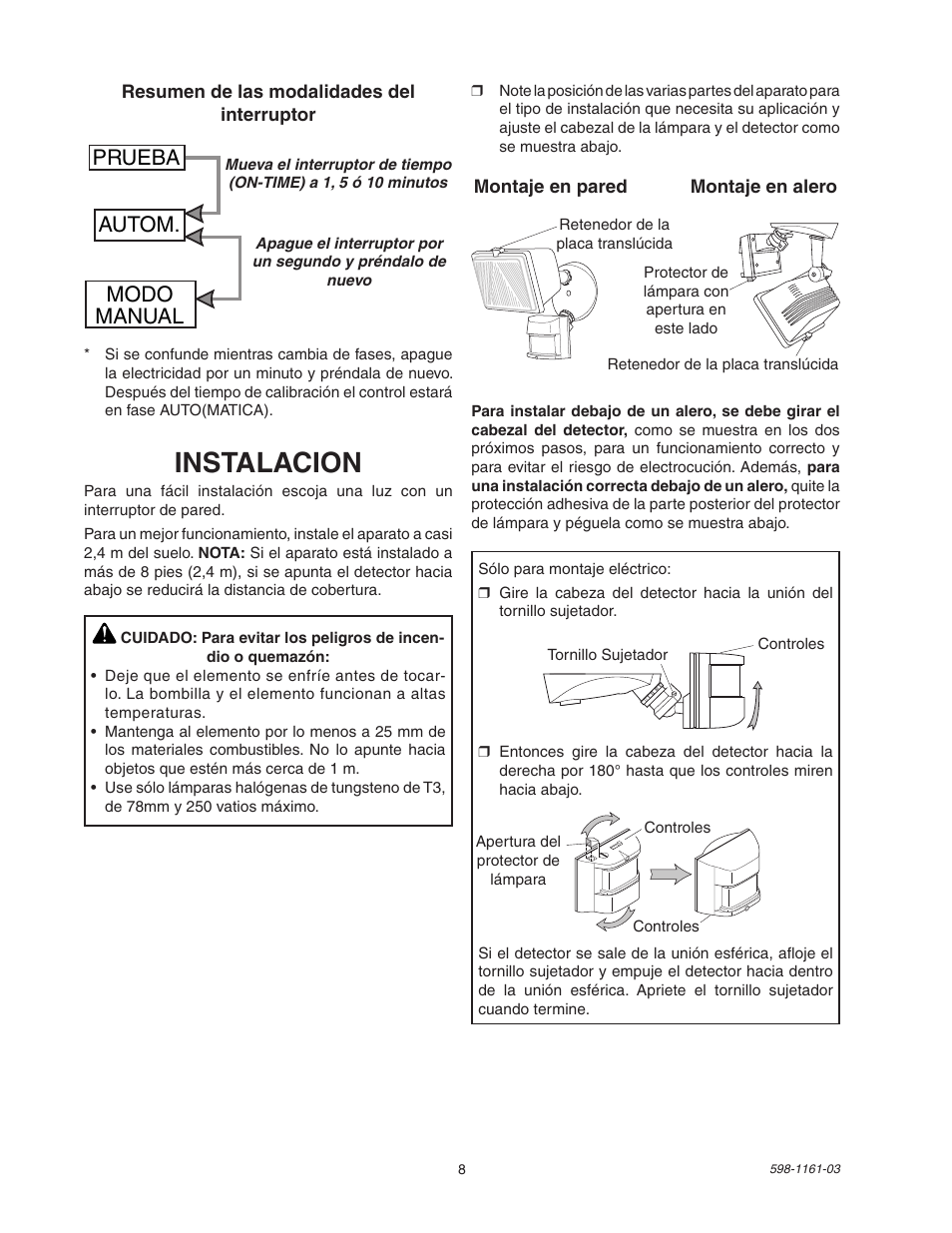 Instalacion, Prueba autom. modo manual | Heath Zenith Motion Sensing Halogen Fixture SH-5525 User Manual | Page 8 / 20