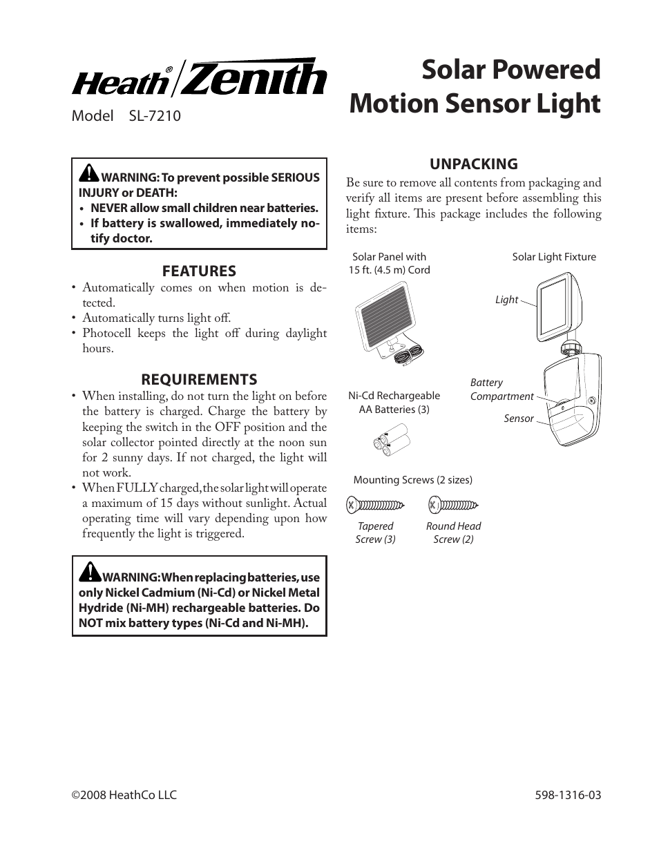 Heath Zenith Solar Powered Motion Sensor Light SL-7210 User Manual | 20 pages