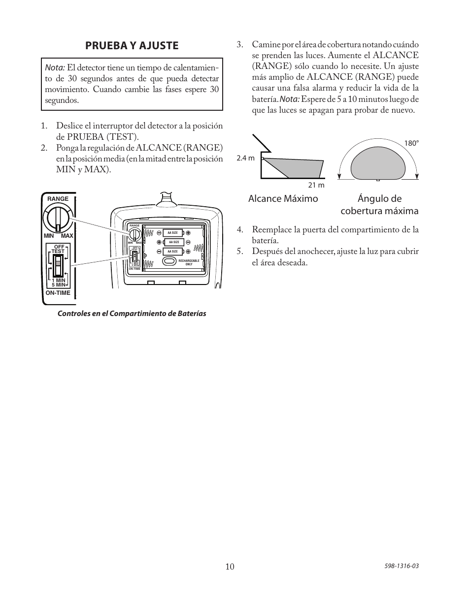 Prueba y ajuste, Alcance máximo ángulo de cobertura máxima | Heath Zenith Solar Powered Motion Sensor Light SL-7210 User Manual | Page 10 / 20