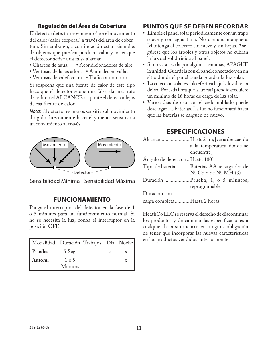 Funcionamiento, Puntos que se deben recordar, Especificaciones | Heath Zenith Solar Powered Motion Sensor Light SL-7210 User Manual | Page 11 / 20