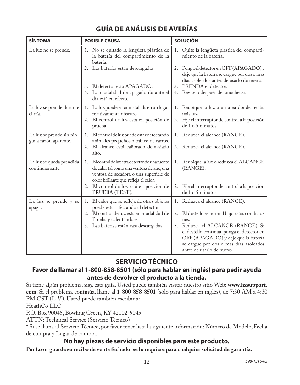 Guía de análisis de averías, Servicio técnico | Heath Zenith Solar Powered Motion Sensor Light SL-7210 User Manual | Page 12 / 20