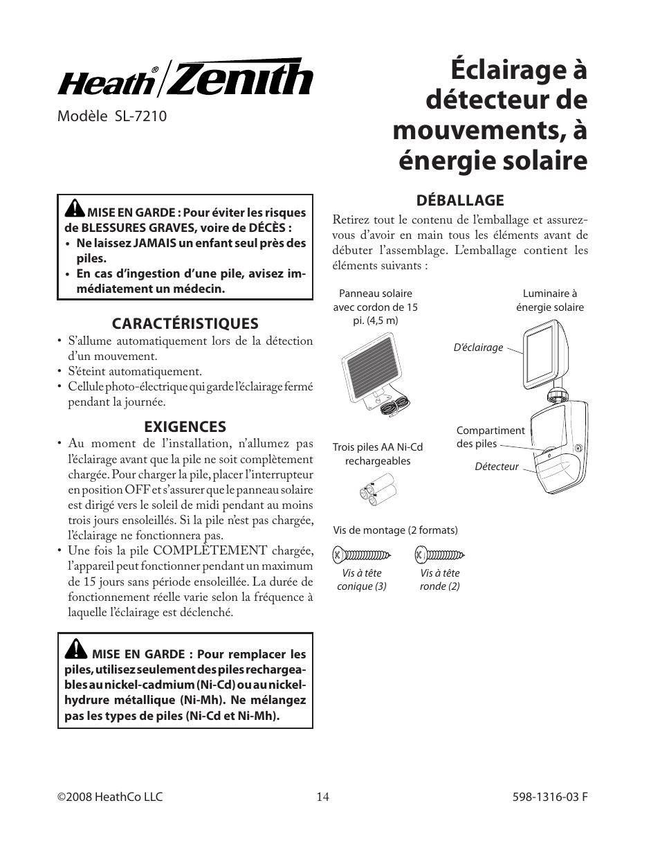 Caractéristiques, Déballage, Exigences | Modèle sl-7210 | Heath Zenith Solar Powered Motion Sensor Light SL-7210 User Manual | Page 14 / 20