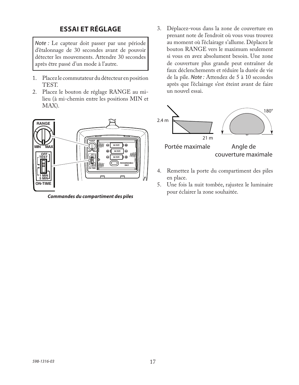 Essai et réglage, Portée maximale angle de couverture maximale | Heath Zenith Solar Powered Motion Sensor Light SL-7210 User Manual | Page 17 / 20