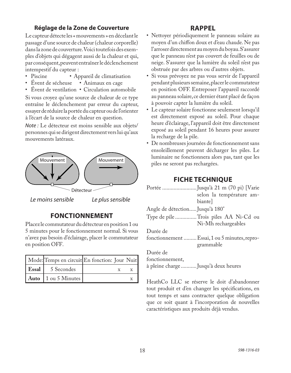 Fonctionnement, Rappel, Fiche technique | Heath Zenith Solar Powered Motion Sensor Light SL-7210 User Manual | Page 18 / 20