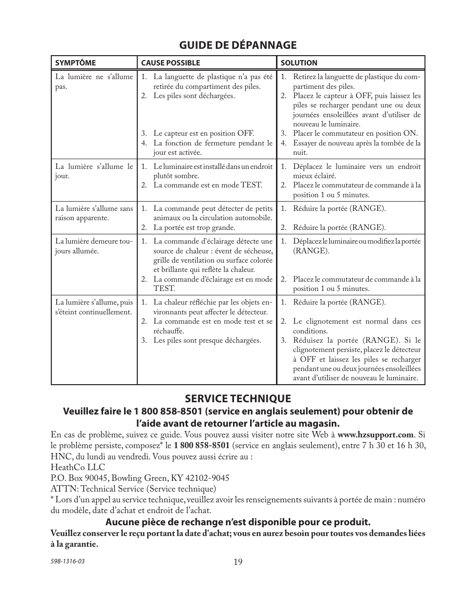 Guide de dépannage, Service technique | Heath Zenith Solar Powered Motion Sensor Light SL-7210 User Manual | Page 19 / 20