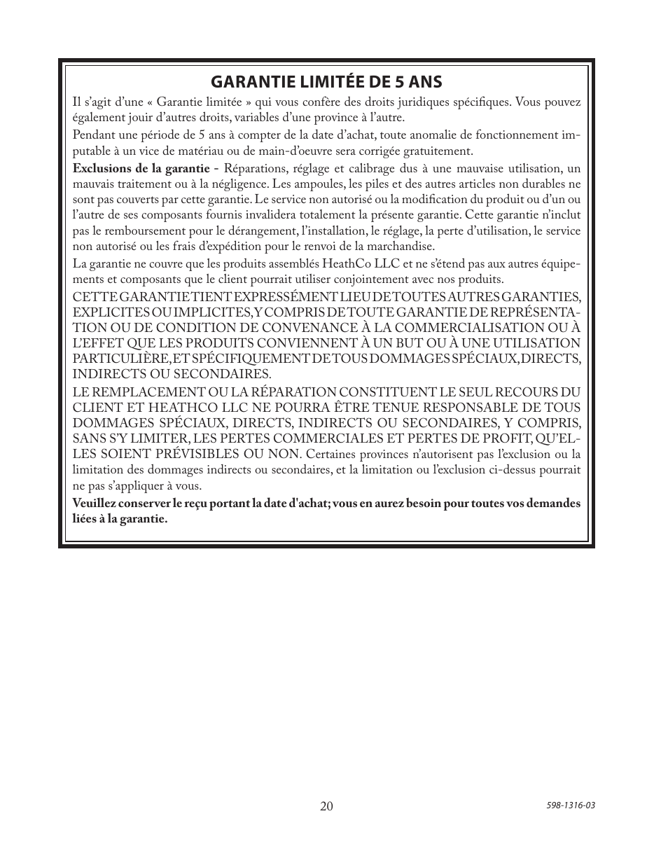 Garantie limitée de 5 ans | Heath Zenith Solar Powered Motion Sensor Light SL-7210 User Manual | Page 20 / 20