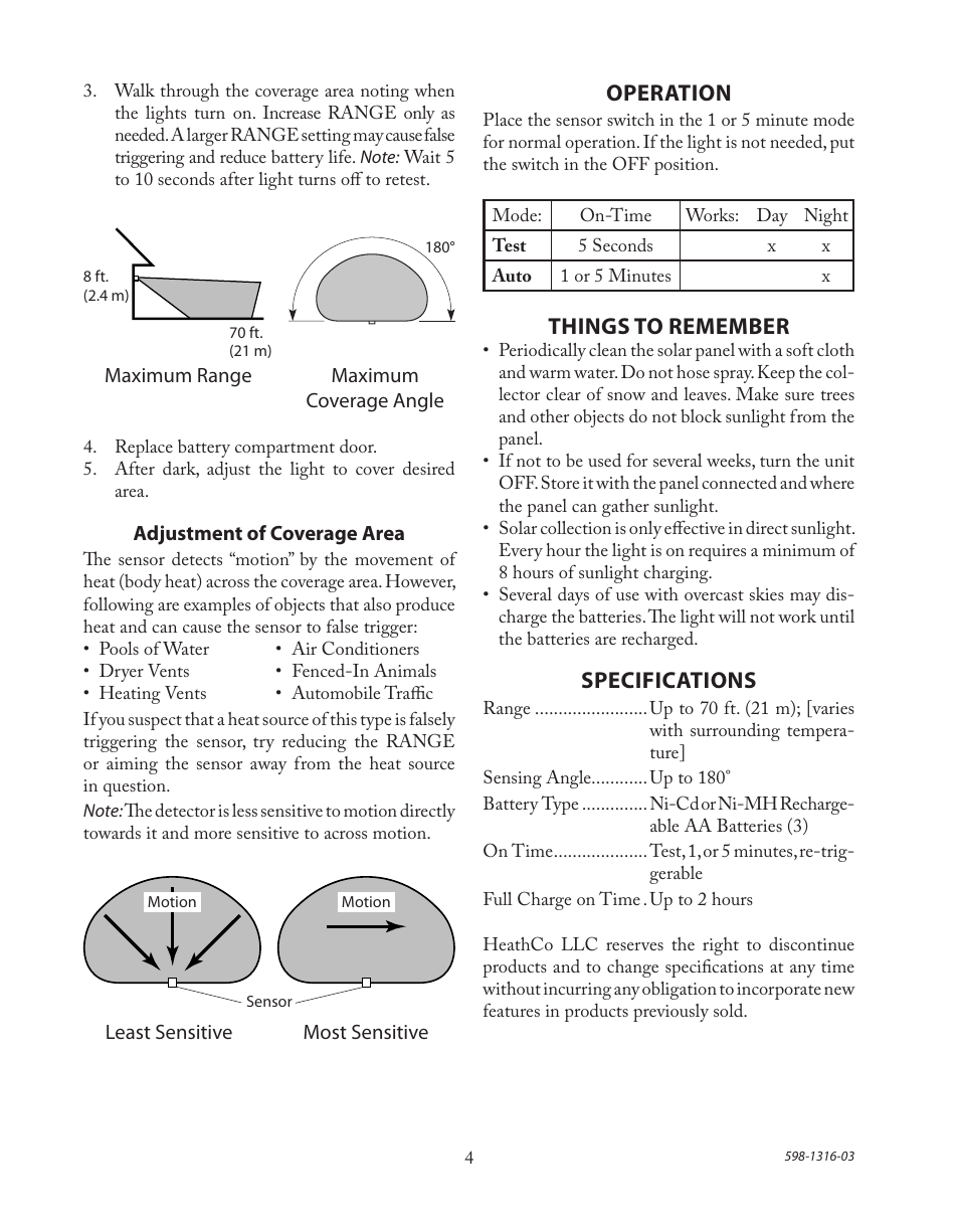 Operation, Things to remember, Specifications | Heath Zenith Solar Powered Motion Sensor Light SL-7210 User Manual | Page 4 / 20